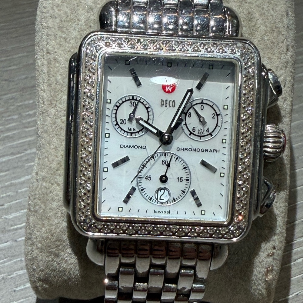 Michele Silver Diamond Chronograph Watch